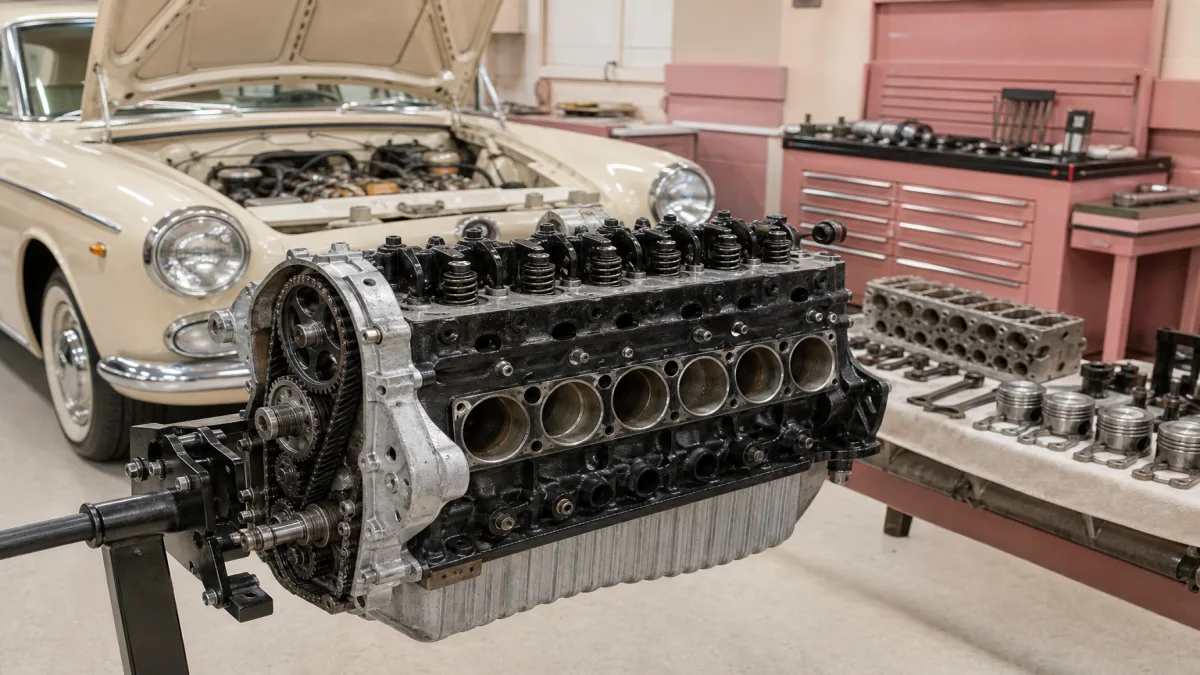 Demontierter Sechszylindermotor einer Vintage-Limousine zur Revision, Titelbild 1200x675 Pixel