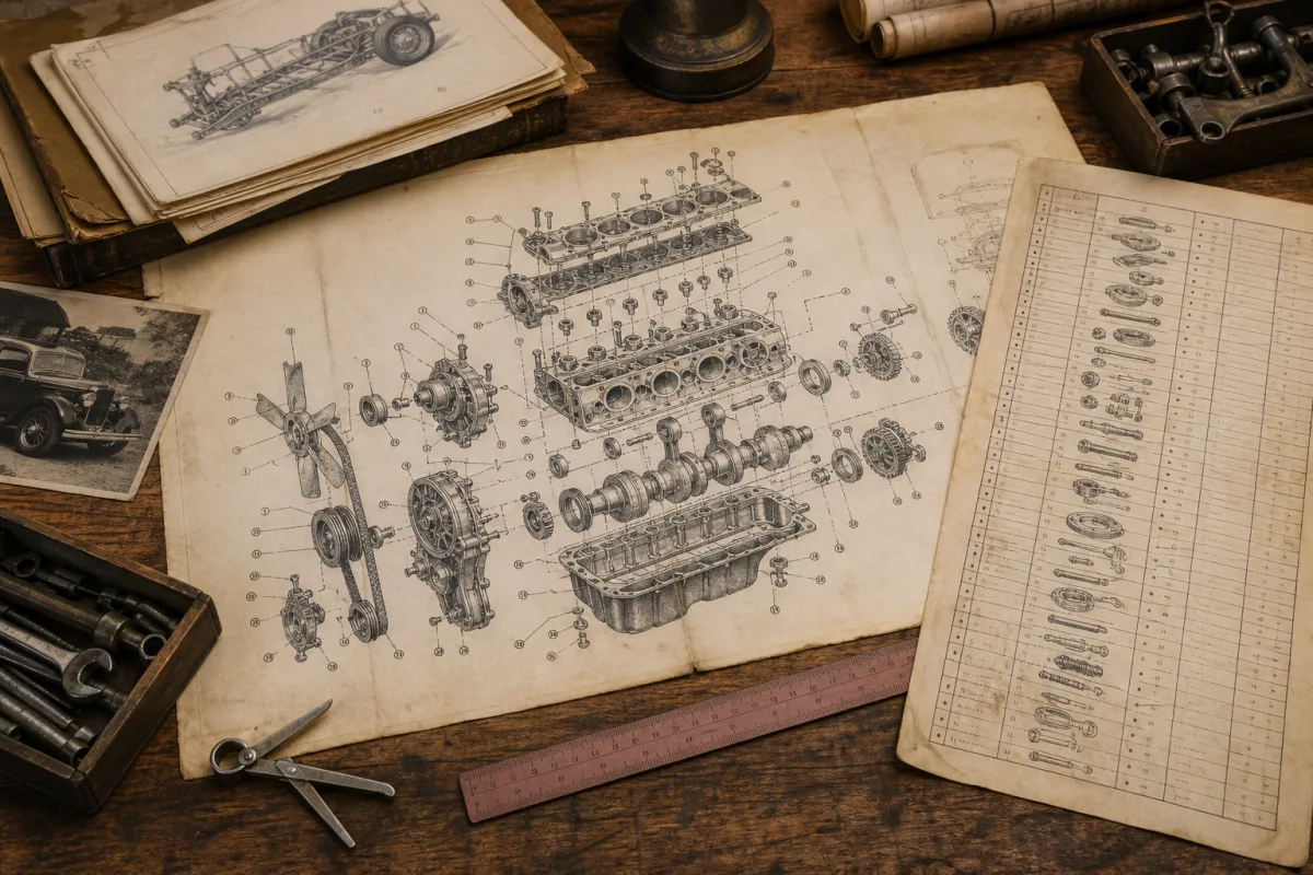 Historische Stückliste und Explosionszeichnung auf Werktisch, Detailaufnahme 1200x800 Pixel
